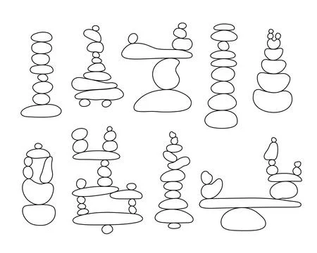 Zen stone cairns set in simple abstract doodle style outline vector illustration Stock Illustration