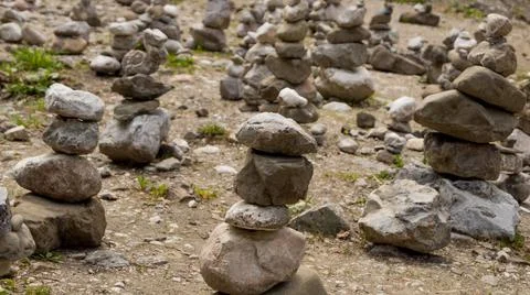 Zen Stone Pyramid in riverbed (3) Stock Photos