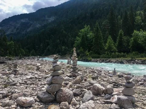 Zen Stone Pyramid in riverbed (5) Stock Photos