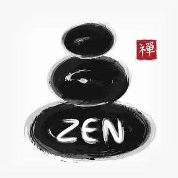 Zen stone stack . Sumi e style . Ink watercolor painting design . Black gray  Stock Illustration