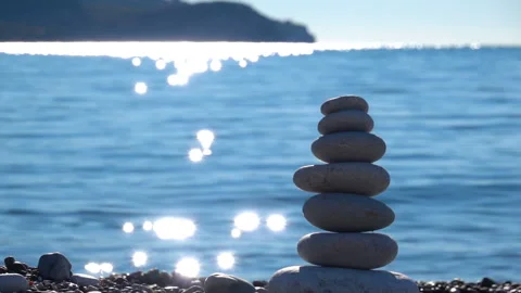 Zen Stones on beach for perfect meditation. Calm zen meditate background with Stock Footage