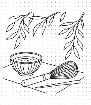 Zen tea culture concept vector featuring traditional bamboo chasen whisk, bowl, Ilustração Stock