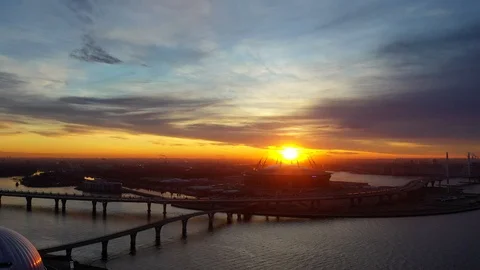 Zenith Arena. Drone flight over the city at dawn in the early morning. Video stock 123631072