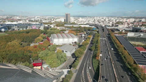 Zénith Paris in Parc de la Villette. Urban landscape. Aerial drone Stockbeeldmateriaal 218911284