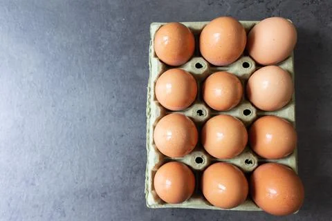 Zenithal View of Vertical Full Egg Carton with Copy Space Stock Photos