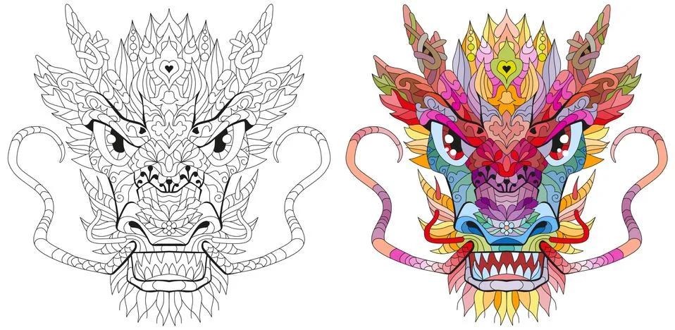 Zentangle dragon head. Hand drawn decorative vector illustration. Clolr and o Stock Illustration