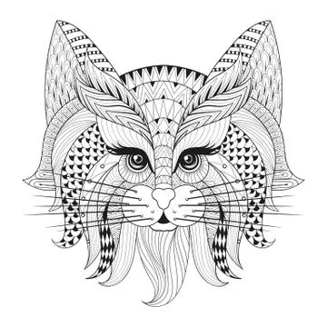 Zentangle Hand drawn Cat face for adult antistress coloring page 스톡 일러스트