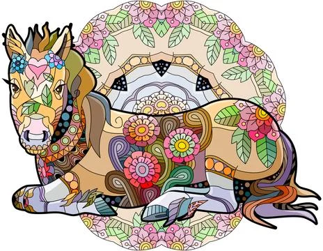 Zentangle lying horse. Hand drawn decorative vector illustration. イラスト素材
