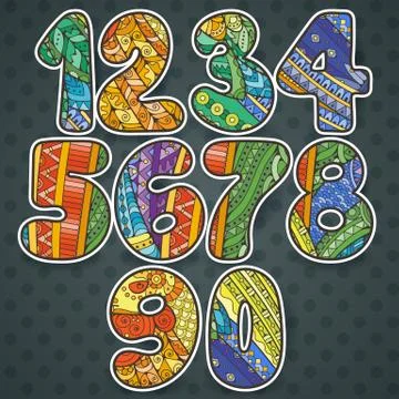 Zentangle numbers set. Collection of doodle numbers with zentangle elements Stock Illustration