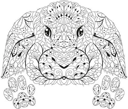 Zentangle rabbit head with paws for coloring. Hand drawn decorative vector .. Stockillustratie