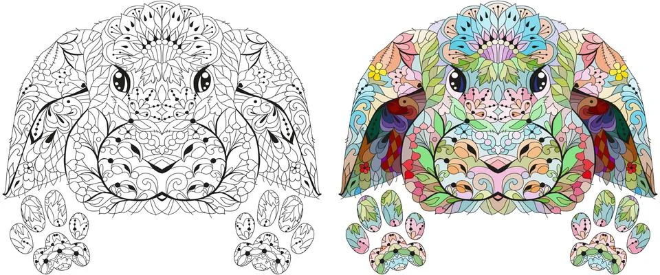 Zentangle rabbit head with paws for coloring. Hand drawn decorative vector Stockillustratie