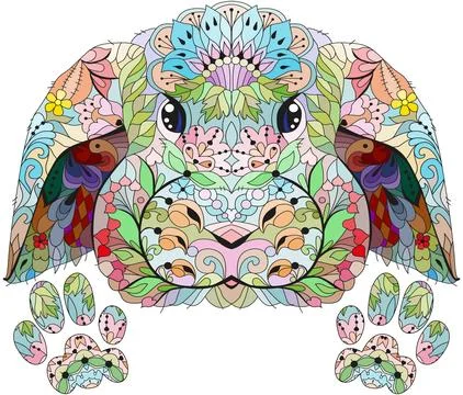 Zentangle rabbit head with paws. Hand drawn decorative vector illustration .. Stock Illustration