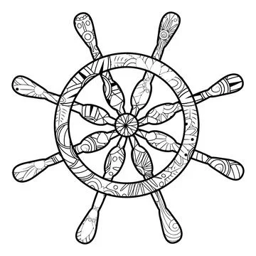 Zentangle steering wheel with flower pattern, nautical theme, born to captain Illustrazione stock