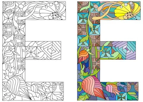 Zentangle stylized alphabet - letter E for coloring. Color and outline set. V Stock Illustration