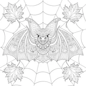 Zentangle stylized Bat with fall autumn leaves on spider web for Stock-Illustration