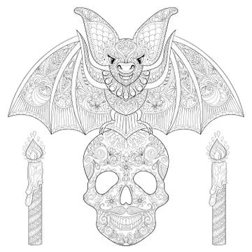 Zentangle stylized Bat seating on sugar Skull with candles for H 스톡 일러스트