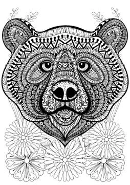 Zentangle stylized bear face on flowers. Hand drawn ethnic anima Stock Illustration