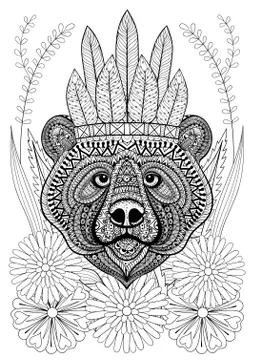 Zentangle stylized bear with war bonnet on flowers. Hand drawn e 스톡 일러스트