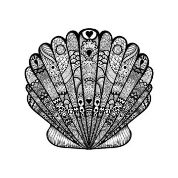 Zentangle stylized black sea shell. Hand Drawn  doodle vector il Illustrazione stock
