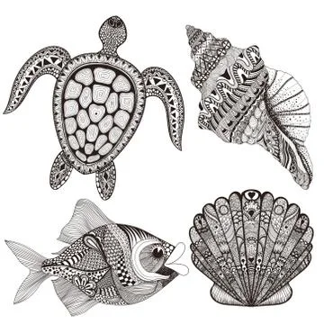 Zentangle stylized black sea shells, fish and turtle. Hand Drawn Illustrazione stock