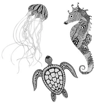 Zentangle stylized black turtle, sea horse and jellyfish. Hand D 스톡 일러스트