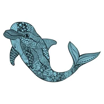Zentangle stylized blue dolphin. Hand Drawn aquatic doodle vecto 스톡 일러스트