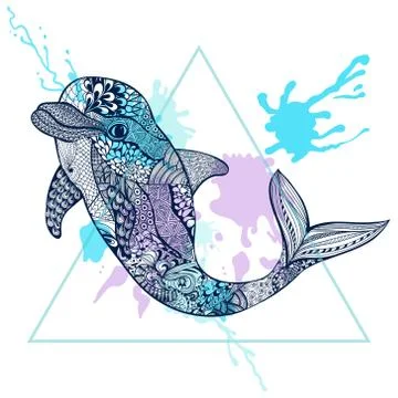 Zentangle stylized Blue Dolphin in triangle frame with watercolo 스톡 일러스트