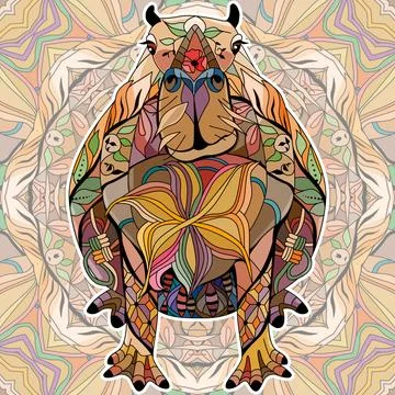 Zentangle stylized Capybara on square ornament. Hand drawn decorative vector Stock Illustration