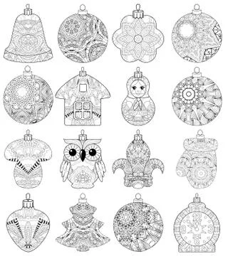 Zentangle stylized Christmas set of decorations. Hand Drawn lace vector illus Stockillustratie