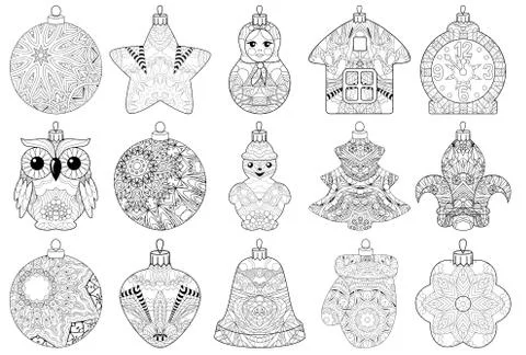 Zentangle stylized Christmas set of decorations. Hand Drawn lace vector illus Stock Illustration