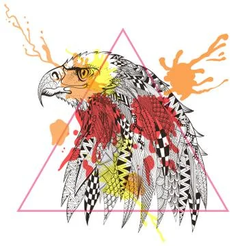 Zentangle stylized Eagle in triangle frame with watercolor ink d 스톡 일러스트