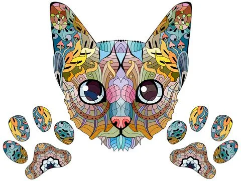 Zentangle stylized head of cat with paw. Hand Drawn lace vector illustration Illustrazione stock