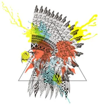 Zentangle stylized  head of eagle in feathered war bonnet in tri Illustration