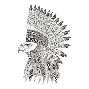 Zentangle stylized head of eagle in feathered war bannet. Hand D Illustration