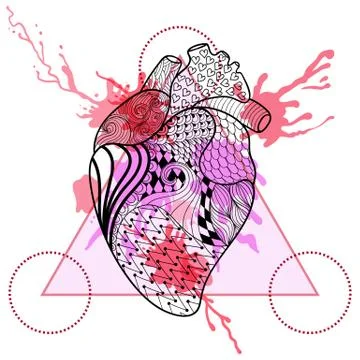 Zentangle stylized Human heart in triangle frame with watercolor 스톡 일러스트