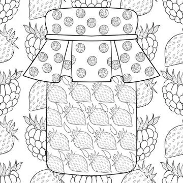 Zentangle stylized jar with strawberry jam on berries background 스톡 일러스트