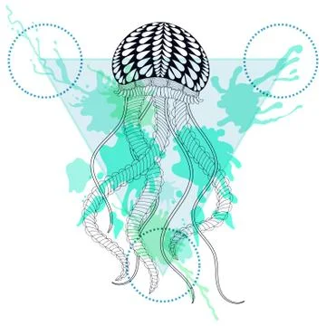 Zentangle stylized Jellyfish in triangle frame with watercolor i 스톡 일러스트