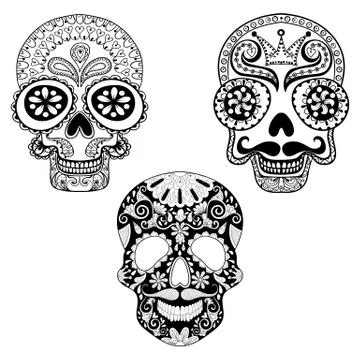 Zentangle stylized patterned Skulls set for Halloween adult colo 스톡 일러스트