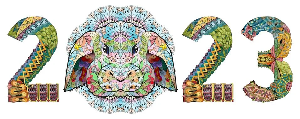 Zentangle stylized rabbit number 2023. Hand Drawn lace vector illustration Stock Illustration