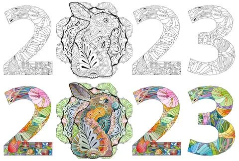 Zentangle stylized rabbit number 2023. Hand Drawn lace vector illustration for Stock Illustration