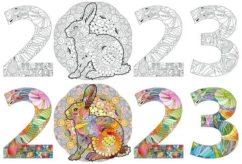 Zentangle stylized rabbit number 2023. Hand Drawn lace vector illustration for Stock-Illustration