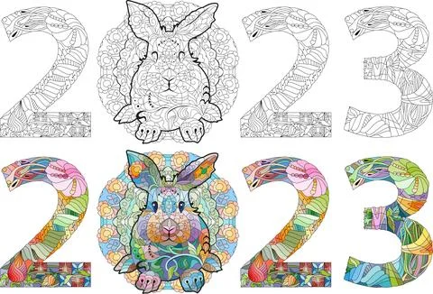 Zentangle stylized rabbit number 2023. Hand Drawn lace vector illustration for Stock Illustration