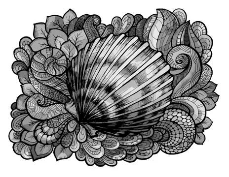 Zentangle stylized seashell line art colored in shades of gray. Hand Drawn Stock Illustration
