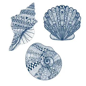 Zentangle stylized set blue seashells. Hand Drawn vector illustr 스톡 일러스트