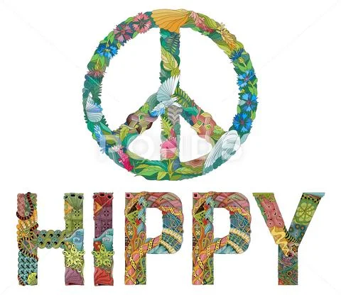 Zentangle stylized sign of peace with word hippy. Hand Drawn colorful lace ve Stock Illustration