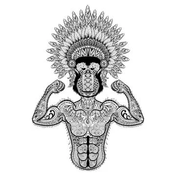 Zentangle stylized strong Monkey like Bodybuilder with war bonne 스톡 일러스트