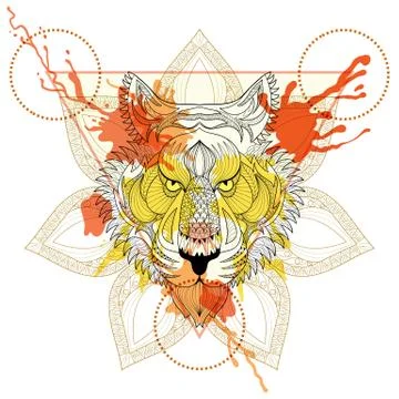 Zentangle stylized Tiger in triangle frame with watercolor ink d Stock-Illustration