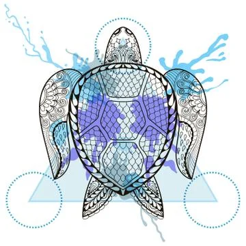 Zentangle stylized Turtle  in triangle frame with watercolor ink Illustration