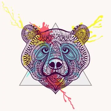 Zentangle stylized violet Bear face in triangle frame with water Illustration