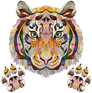 Zentangle tiger head with paws. Hand drawn decorative vector illustration Stockillustratie